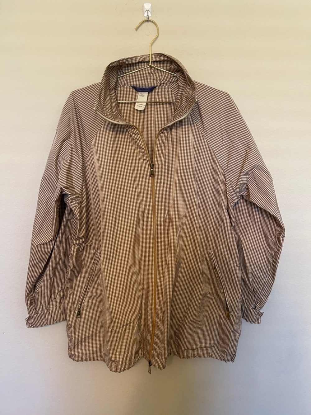 Les Copains BLUE RaincoatLightweight Checked Zip-Front Jacket in Brown and White